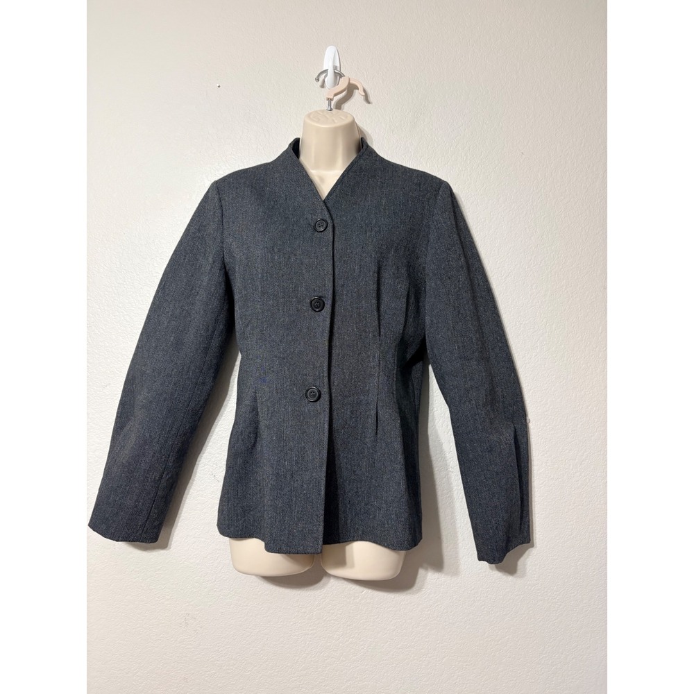 Charcoal Collarless Button Up Tailored Blazer Jacket with Waist Sleeve Pleating